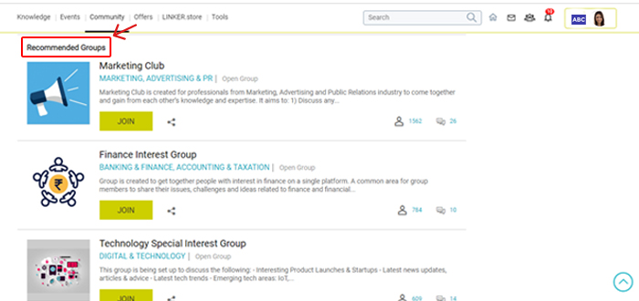 Recommended Groups Image showing 'Recommended Groups' under Community feature on GlobalLinker