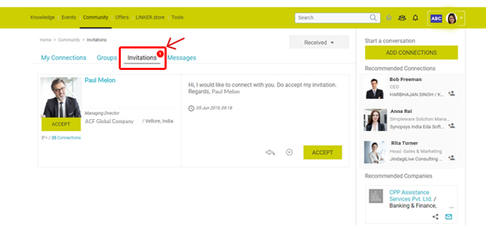 Invitations Image showing 'Invitations' under Community feature on GlobalLinker