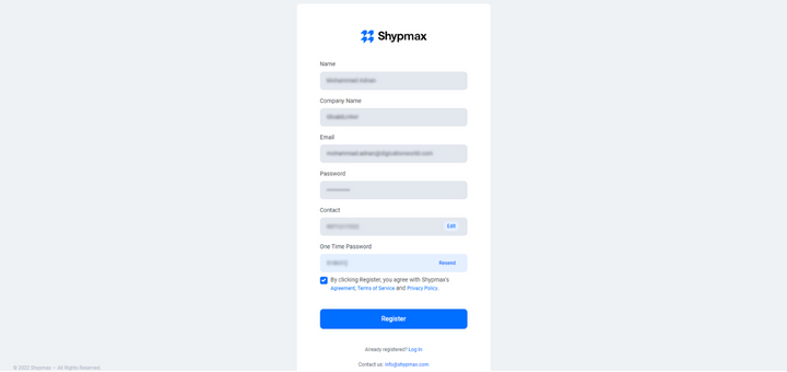 Shypmax Sign Up Page