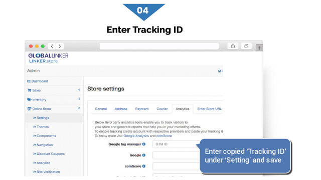 Step 4 Enter tracking ID to Linker.store steps to enable Google Analytics to eCommerce store