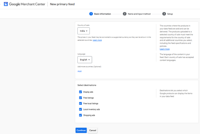 Create new product feed using Content API option