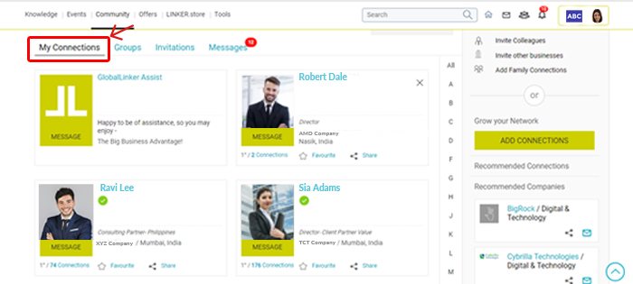 My Connections 'My Connections' under GlobalLinker's Community feature