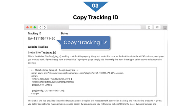 Step 3 Copy tracking ID steps to enable Google Analytics to eCommerce store