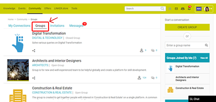 Groups Image showing 'Groups' under Community feature on GlobalLinker
