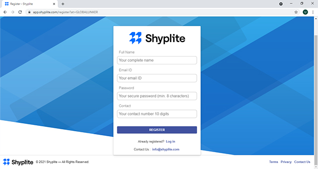 Shyplite enter details to register