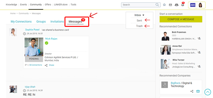 Messages Image showing 'Messages' under Community feature on GlobalLinker