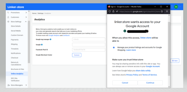 Click continue to allow Linker.store to manage Google Product Listings